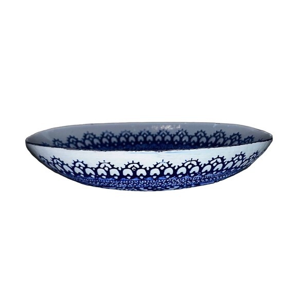 Unmarked Other - Sapphire Blue Hand‎ Painted Glass Raised Relief Oval Bowl